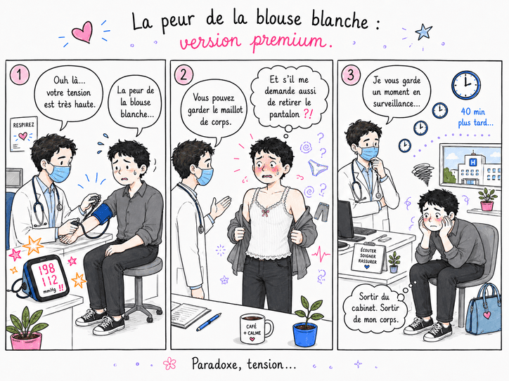Illustration BD en trois cases intitulée « La peur de la blouse blanche : version premium ». On y voit une personne trans anxieuse lors d’une consultation médicale avec un médecin homme masqué en blouse blanche. Sa tension est très élevée, puis elle panique lorsqu’il lui dit qu’elle peut garder son maillot de corps. La scène se termine par une surveillance médicale et la pensée « Sortir du cabinet. Sortir de mon corps. » L’image évoque avec humour et sensibilité la peur de la blouse blanche, la pudeur, l’angoisse corporelle et la transidentité.