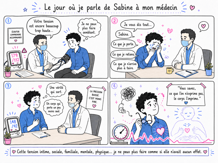 BD en quatre cases intitulée « Le jour où je parle de Sabine à mon médecin ». Une personne trans consulte un médecin homme masqué pour une tension très haute, puis craque et parle enfin de Sabine, de ce qu’elle porte, de ce qu’elle retient et de ce qu’elle n’arrive plus à taire. L’image montre une baisse progressive de la pression et évoque le lien entre transidentité, corps, santé, stress intime et vérité enfin exprimée.