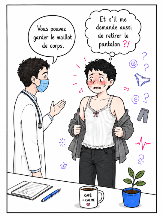 Illustration BD d’une consultation médicale gênante : un médecin homme masqué, en blouse blanche, dit à une personne anxieuse qu’elle peut garder son maillot de corps. La personne rougit, paniquée à l’idée qu’on lui demande aussi de retirer son pantalon. L’image évoque avec humour et tendresse la peur de la blouse blanche, la pudeur du corps et la vulnérabilité liée à la transidentité alors que la personne porte des sous vetements qui ne correspondent pas a son genre.