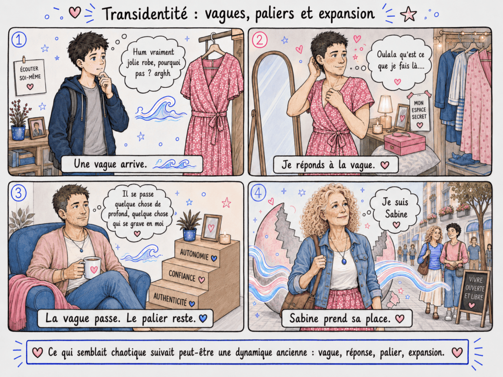 Illustration sur la transidentité tardive : le cheminement personnel de Sabine entre questionnement, vagues, paliers, authenticité et expansion de soi.